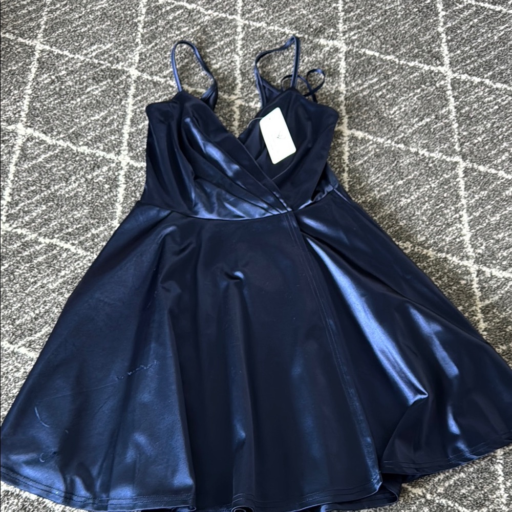 Beautiful deep blue satin Windsor dress